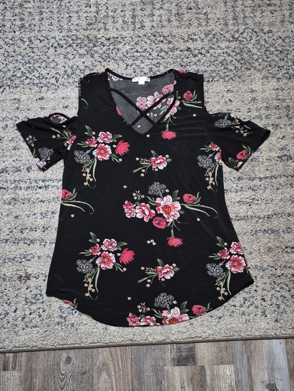 Black Floral Cold-Shoulder V-Neck Top with Crisscross Detail